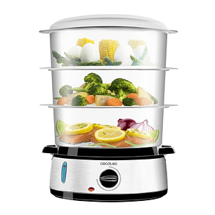 Cecotec Vapovita 3000 Inox Vaporera Multifuncional - 800W - Acero Inoxidable - Capacidad de 9L - 3 Recipientes Independientes - Soporte para Huevos - 