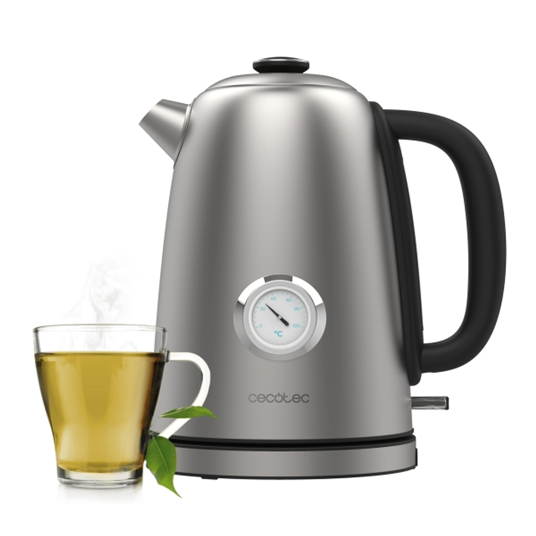 Cecotec Thermosense 620 Vintage Hervidor de Agua Electrico - Potencia de 2200W - Capacidad 1.7L - Acero Inoxidable - Termometro Analogico - Base Girat 1