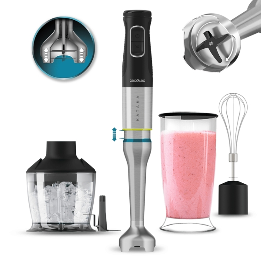 Cecotec Katana 12 Chop Batidora de Mano - 1200W - Funcion Oscilante - Cuchillas de Titanio - 21 Velocidades - Campana Antisalpicaduras - Accesorios In 1