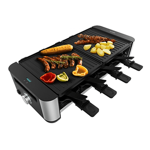 Cecotec Cheese and Grill 16000 Inox Black Raclette - 1400W - Amplia Superficie de 40x22cm - Termostato - 8 Sartenes Antiadherentes - Superficie Mixta 