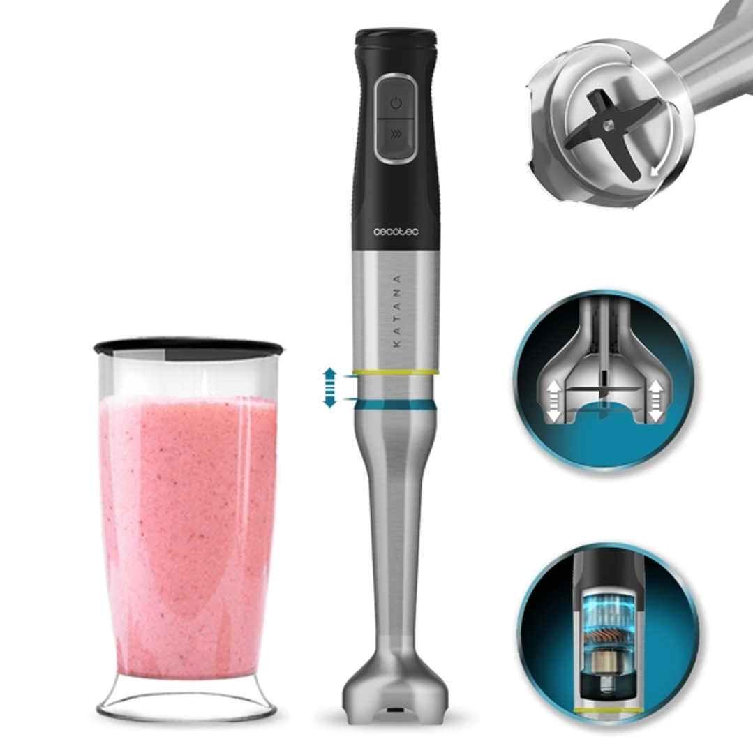 Cecotec Katana 15 Jar Batidora de Mano - Potencia de 1500W - Funcion Oscilante - 21 Velocidades - Cuchillas de Titanio - Campana Antisalpicaduras - Va 1
