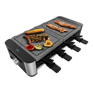 Cecotec Cheese and Grill 16000 Inox AllStone Raclette - 1400W - Placa de Piedra Natural - Superficie 40x22cm - Termostato - 8 Sartenes Antiadherentes 