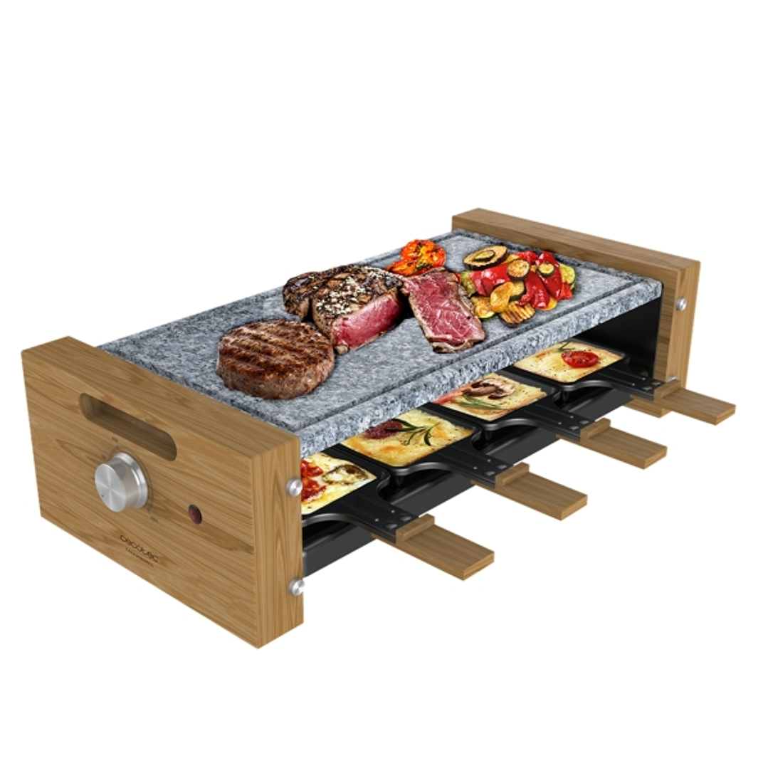 Cecotec Cheese and Grill 8600 Wood AllStone Raclette - Potencia de 1200W - 8 Sartenes Antiadherentes - Placa Piedra Natural - Termostato Regulable - E 1