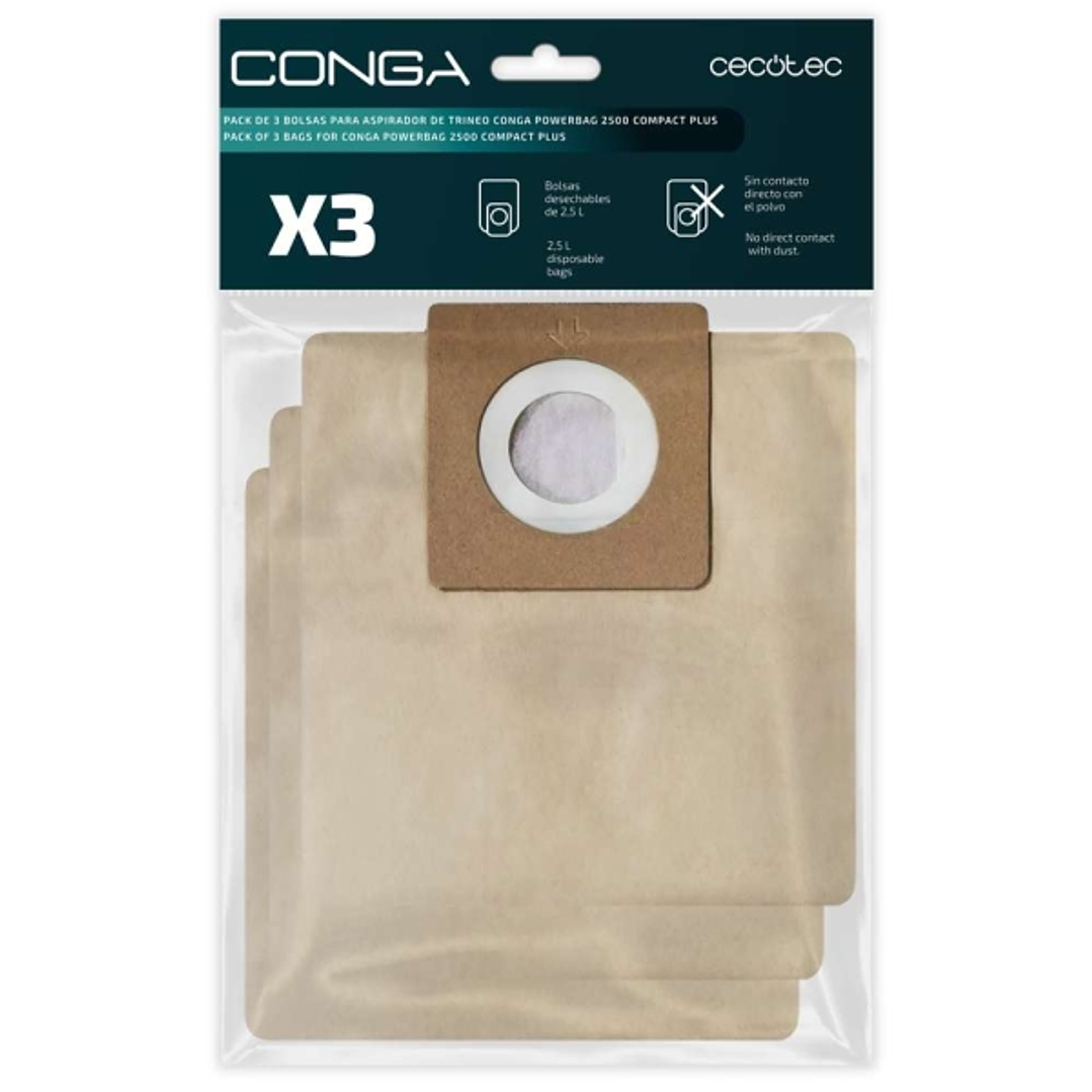 Cecotec Pack de 3 Bolsas de Recambio para Conga Powerbag 2500 - Alta Capacidad de Filtracion - Faciles de Instalar - Material Resistente - Mantiene la 1