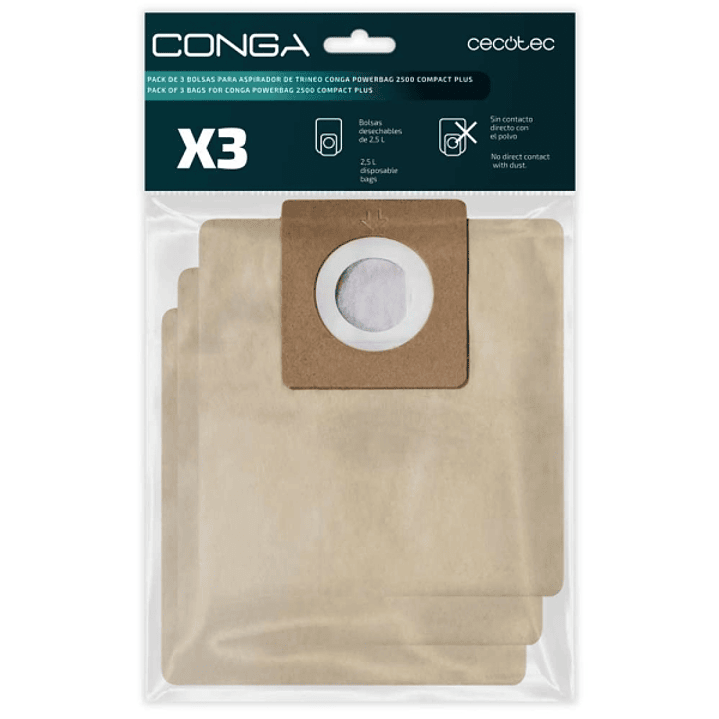 Cecotec Pack de 3 Bolsas de Recambio para Conga Powerbag 2500 - Alta Capacidad de Filtracion - Faciles de Instalar - Material Resistente - Mantiene la 1