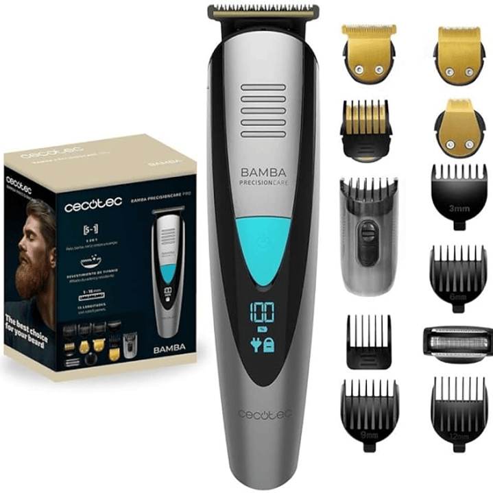 Cecotec Bamba PrecisionCare Trimmer Afeitadora Recortadora 5 en 1 - IPX7 - Cuchillas de Titanio - Bateria 500mAh - Uso Inalambrico y con Cable - Peine 1