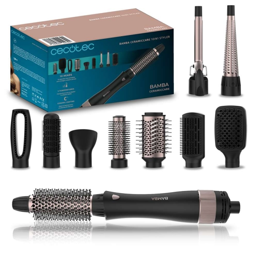 Cecotec Bamba CeramicCare 10in1 Styler Cepillo Alisador 10 en 1 - Potencia 1500W - Revestimiento Ceramico - Funcion Aire Frio - Cable Giratorio 360° - 1