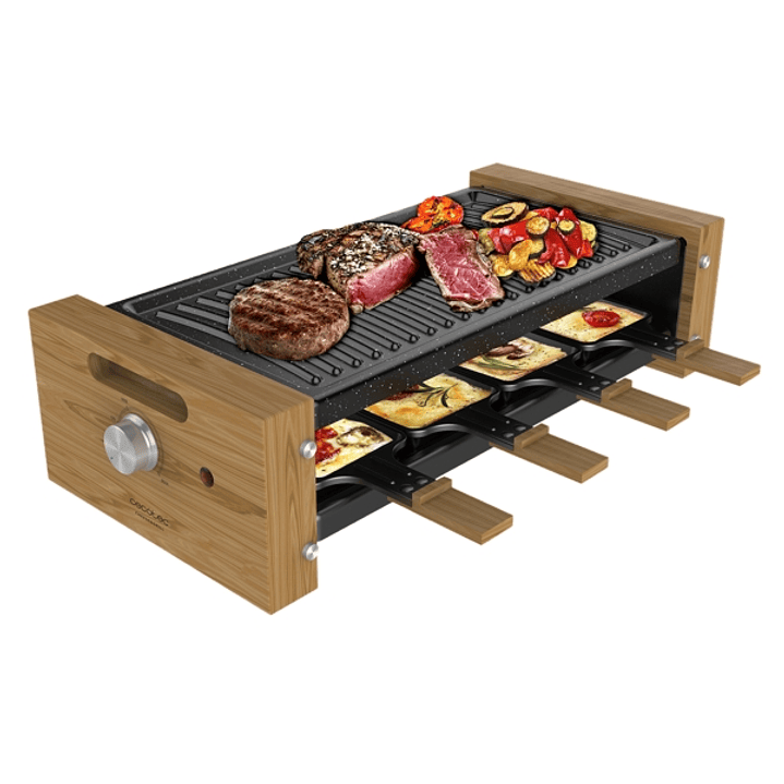 Cecotec Cheese and Grill 8200 Wood Black Raclette - 1200W - 8 Sartenes Antiadherentes - Placa Antiadherente de Acero - Superficie de Grill - Termostat 1