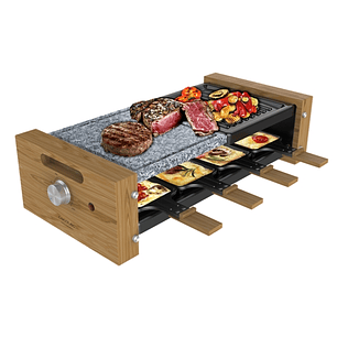 Cecotec Cheese and Grill 8400 Wood MixGrill Raclette - 1200W - 8 Sartenes Antiadherentes - Grill y Plancha - Termostato - Placas Antiadherentes de Ace