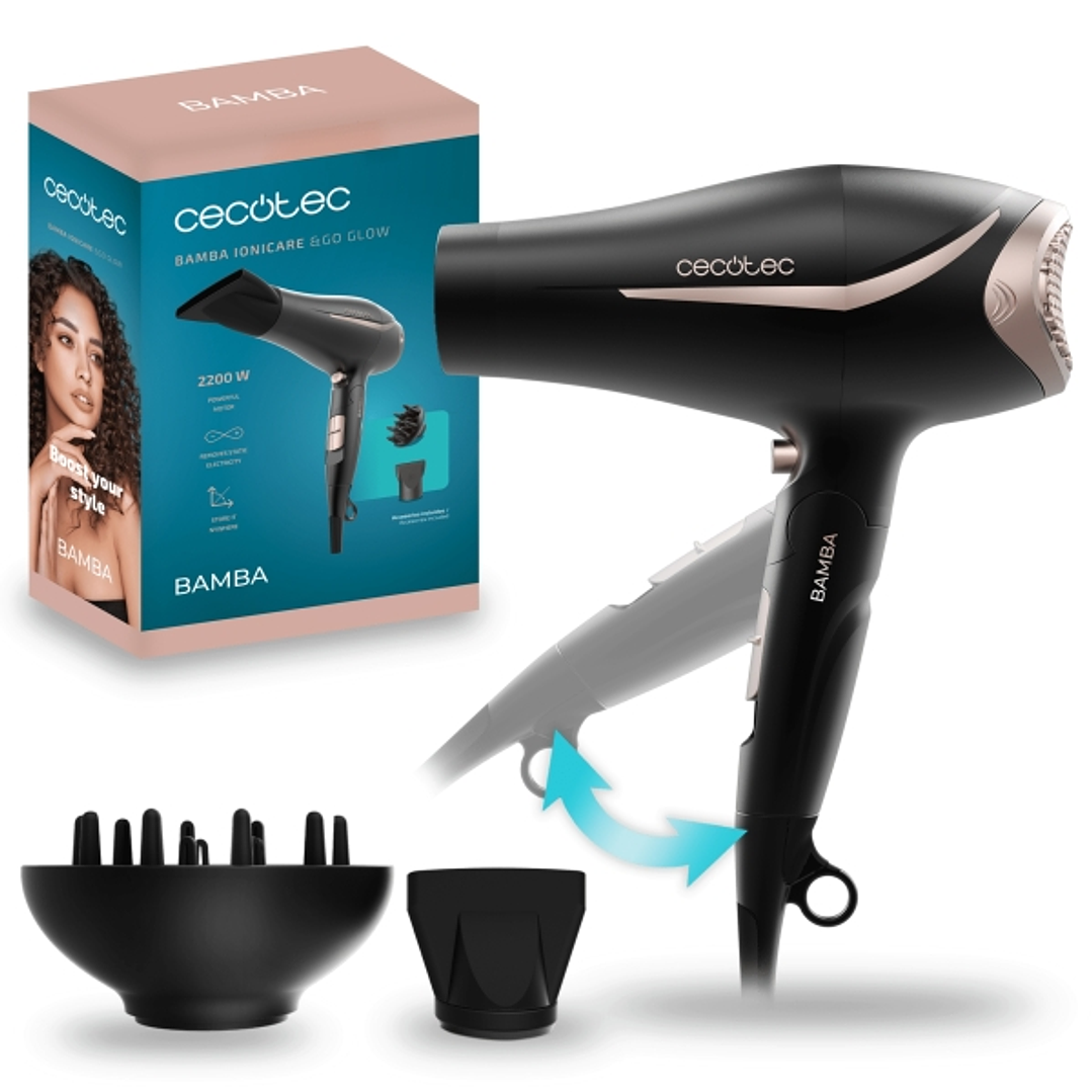 Cecotec Bamba IoniCare and Go Glow Secador de Pelo Plegable - 2200W - Generador de Iones Negativos - Incluye Boquilla y Difusor - Filtro Facil de Limp 1