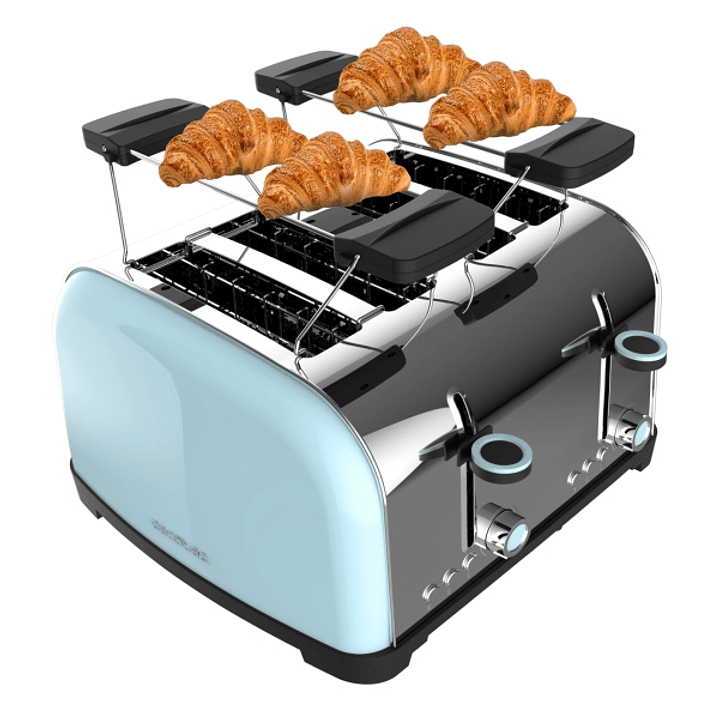 Cecotec Toastin' Time 1700 Double Tostadora de 4 Ranuras - 1700W - Ranura Ancha - Acero Inoxidable - Calienta Panecillos - Funciones Recalentar y Desc 1