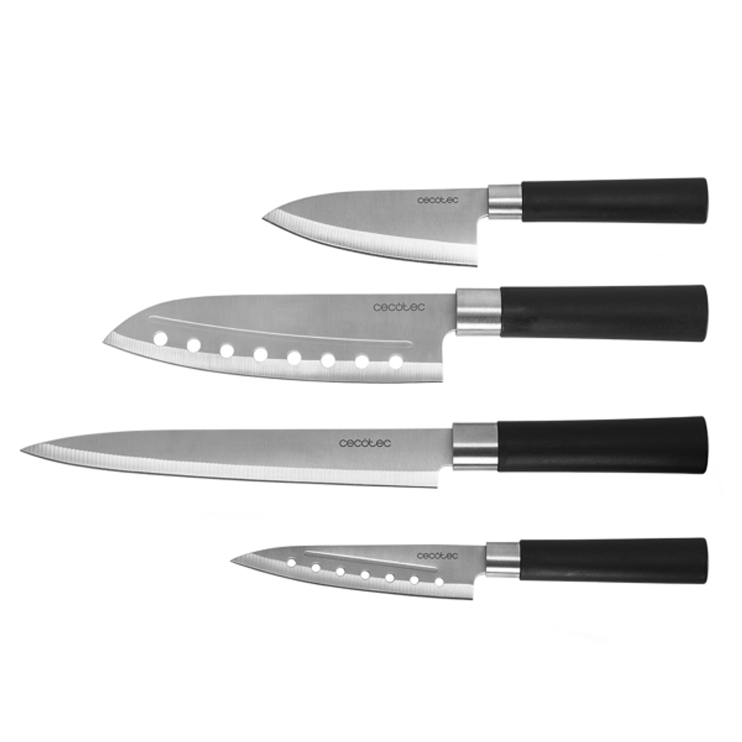 Cecotec santoku Pack de 4 Cuchillos Profesionales - Hoja de 2mm de Grosor - Acero Inoxidable con Base de Carbono - Mango Ergonomico - Estilo Japones - 1
