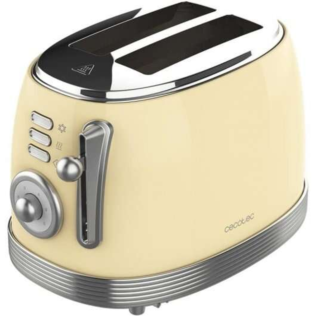 Cecotec Toast & Taste 800 Vintage Light Yellow Tostadora Electrica 850W - 6 Niveles - 2 Ranuras Cortas Extraanchas - Capacidad para 2 Tostadas - Bande 1