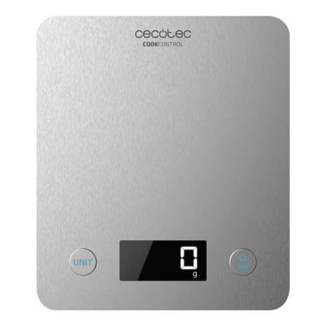 Cecotec Cook Control 10000 Connected Bascula de Cocina - Acabado en Acero Inox - Precision de 1gr - Peso Max. 5kg - Pantalla LCD - Diseño Extraplano - 1