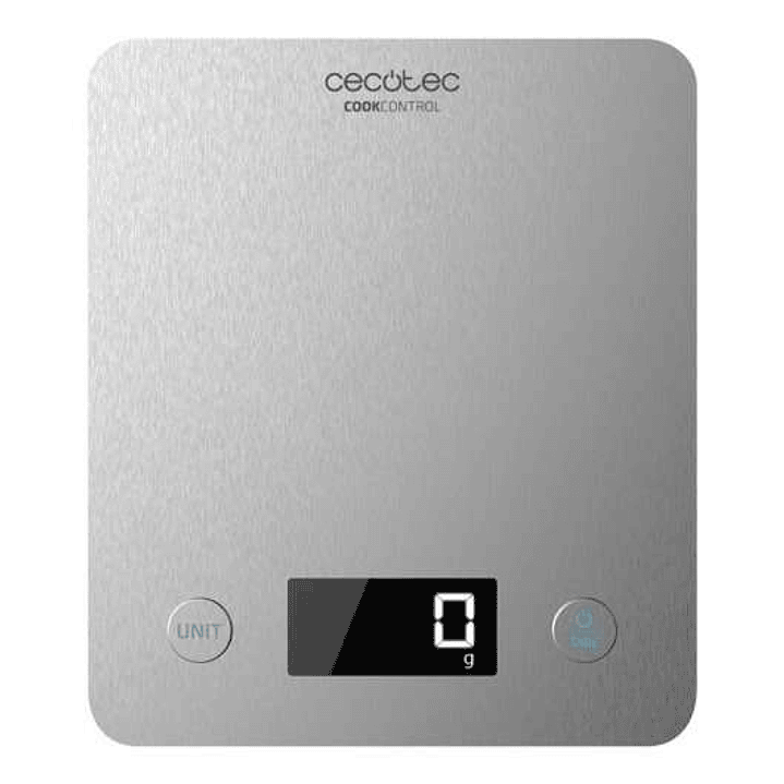Cecotec Cook Control 10000 Connected Bascula de Cocina - Acabado en Acero Inox - Precision de 1gr - Peso Max. 5kg - Pantalla LCD - Diseño Extraplano - 1