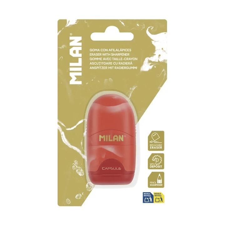 Milan Lava Capsule Afilaborra - Sacapuntas y Goma de Borrar - Cuchilla de Acero de Seguridad - Colores Surtidos Aleatorios 1