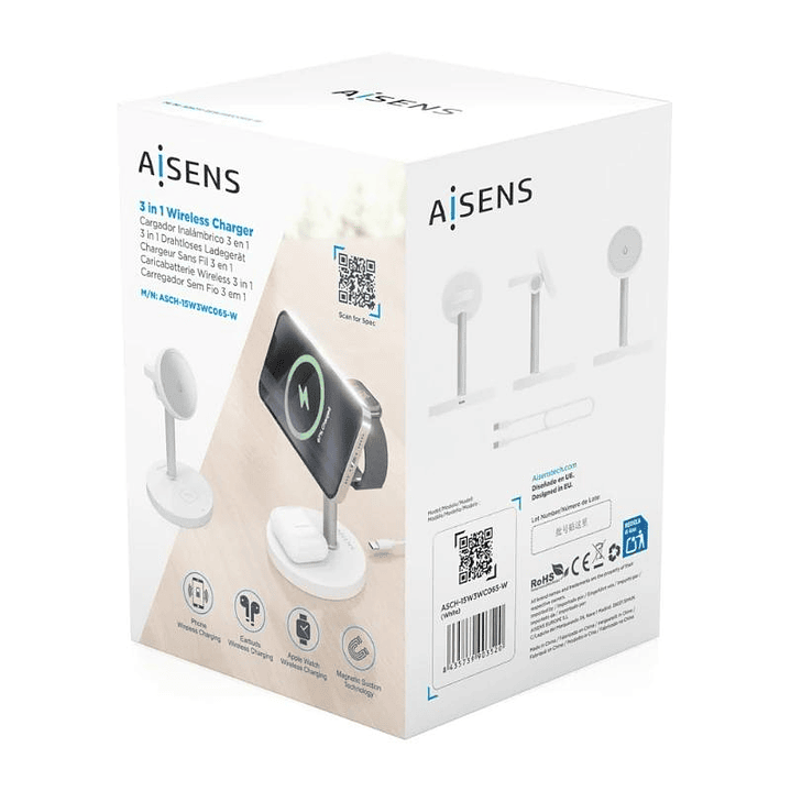 Aisens Cargador Inalámbrico USBC 15W 3 en 1 Blanco 4