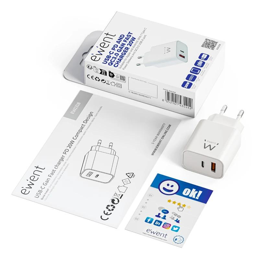 EWENT EW1318 Cargador rápido USB-C PD 20W USB-A QC 2