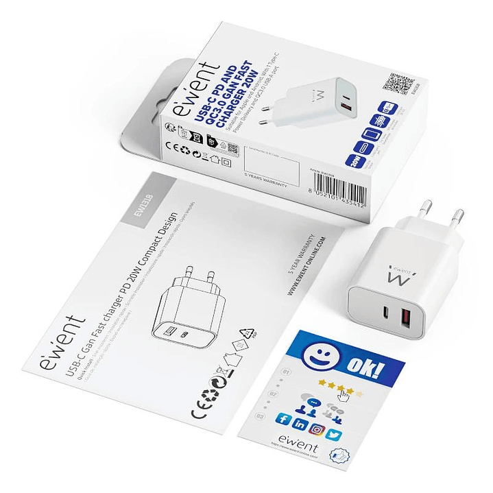 EWENT EW1318 Cargador rápido USB-C PD 20W USB-A QC 2