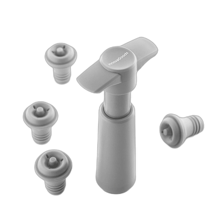 Innovagoods Winuum Bomba Manual de Vacio y Tapones para Vino - Incluye 4 Tapones Reutilizables - Evita Oxidacion Del Vino - Compacto y Ligero - No Apt 1