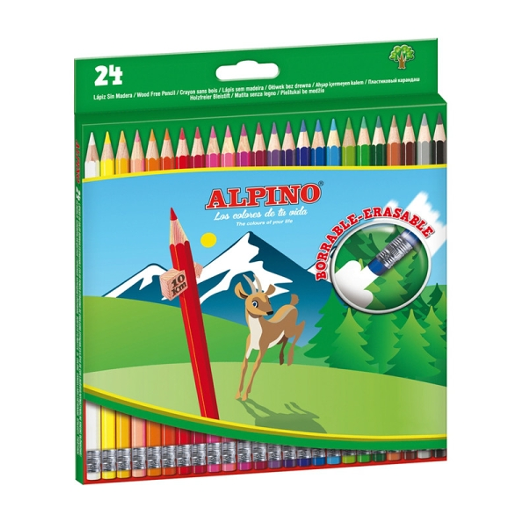Alpino Pack con 24 Lapices de Colores Hexagonales Borrables - Mina de 3mm - Goma de Borrar del mismo Color - Resistente a la Rotura - Colores Surtidos 1