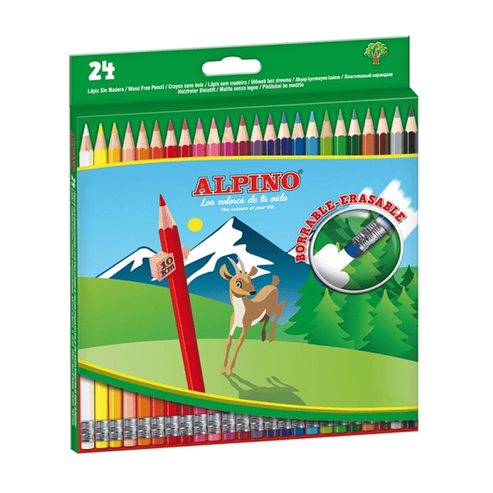 Alpino Pack con 24 Lapices de Colores Hexagonales Borrables - Mina de 3mm - Goma de Borrar del mismo Color - Resistente a la Rotura - Colores Surtidos 1