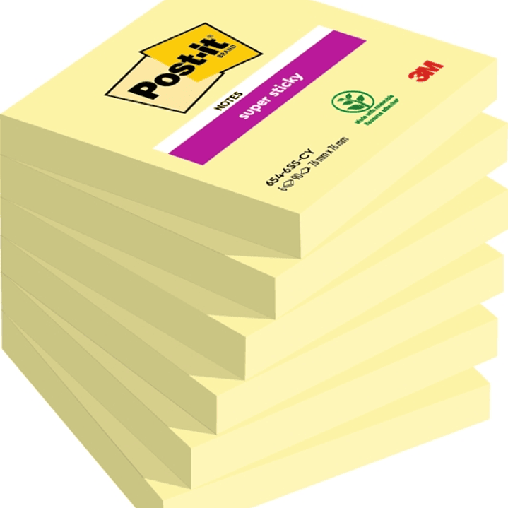 Post-It Super Sticky Pack de 6 Blocs de 90 Notas Adhesivas Reposicionables - Forma Cuadrada - 76x76mm - Color Amarillo Claro 1
