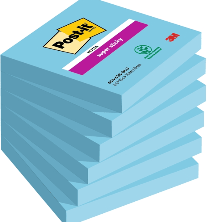 Post-It Super Sticky Pack de 6 Blocs de 90 Notas Adhesivas Reposicionables - Forma Cuadrada - 76x76mm - Color Azul 1