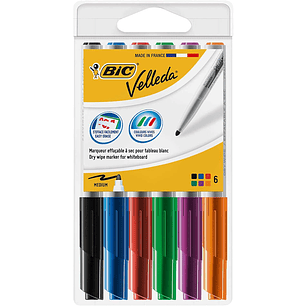 Bic Velleda 1741 Pack de 6 Rotuladores para Pizarra - Punta media - Trazo de 1.4mm - Borrado Optimo - Colores Surtidos