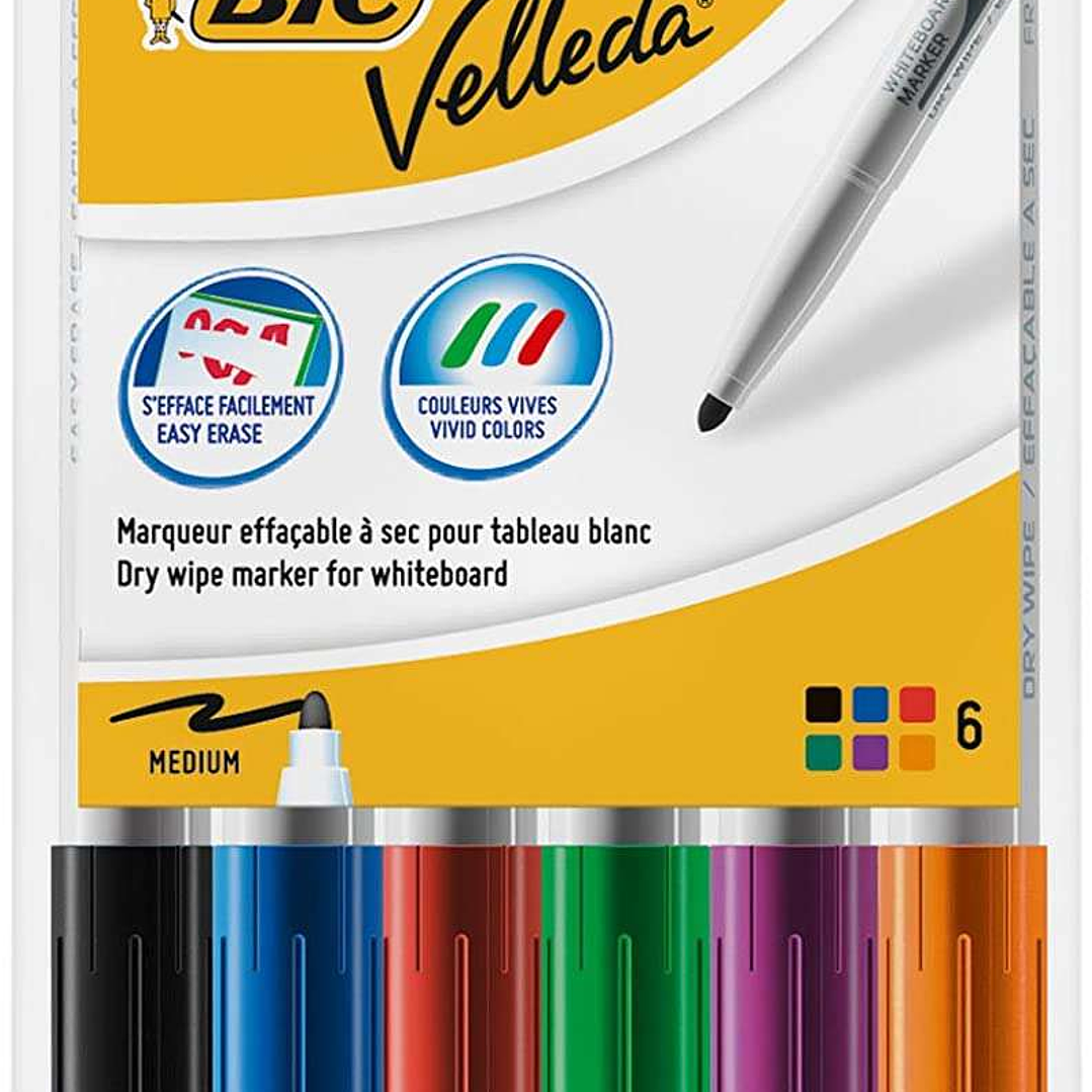 Bic Velleda 1741 Pack de 6 Rotuladores para Pizarra - Punta media - Trazo de 1.4mm - Borrado Optimo - Colores Surtidos 1