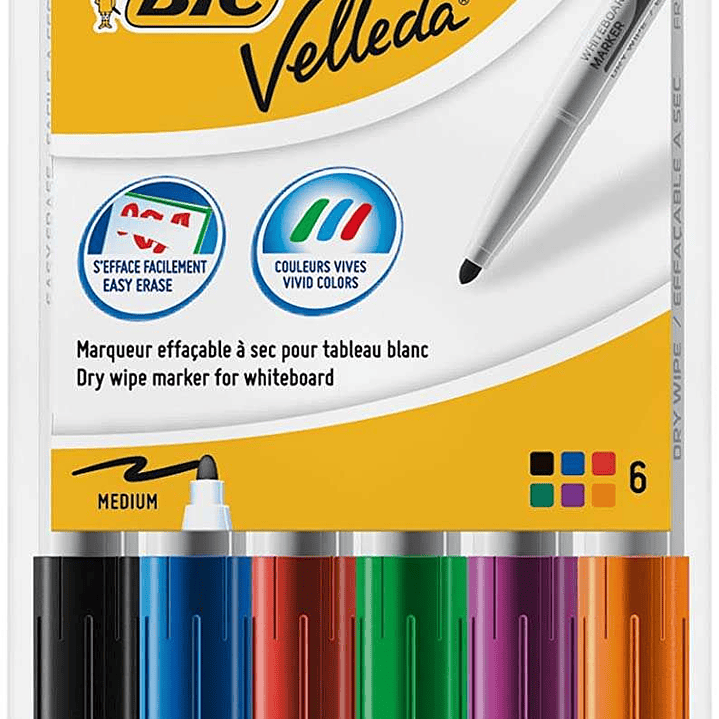 Bic Velleda 1741 Pack de 6 Rotuladores para Pizarra - Punta media - Trazo de 1.4mm - Borrado Optimo - Colores Surtidos 1