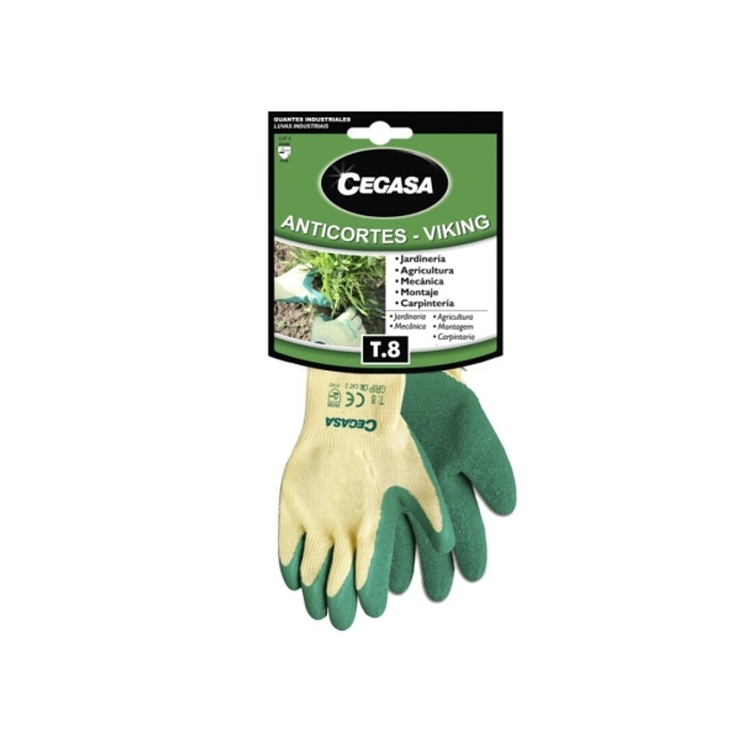 Cegasa Viking Guantes de Trabajo Anticortes Talla 8 - Fabricados en Algodon con Recubimiento de Latex Rugoso en Palma y Dedos - Color Verde 1