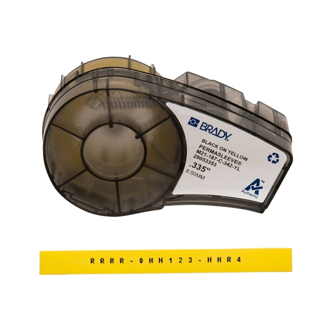 Brady M21-187-C-342-YL Cinta de Etiquetas Original Termocontractiles PermaSleeve - Texto Negro sobre Fondo Amarillo - Ancho 8,51mm x 2,1m 1