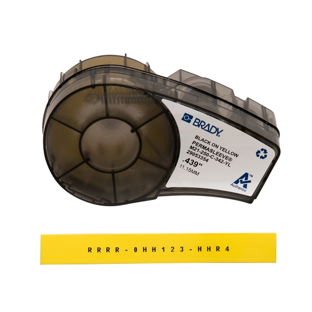 Brady M21-250-C-342-YL Cinta de Etiquetas Original Termocontractiles PermaSleeve - Texto Negro sobre Fondo Amarillo - Ancho 11,15mm x 2,1m 1