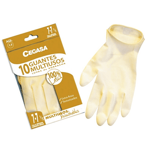 Cegasa Pack de 10 Guantes de Latex Multiusos Talla M 7-7 1/2 - Desechables Extrafinos con Polvo - Uso General, Domestico, Limpieza - Color Amarillo Cl