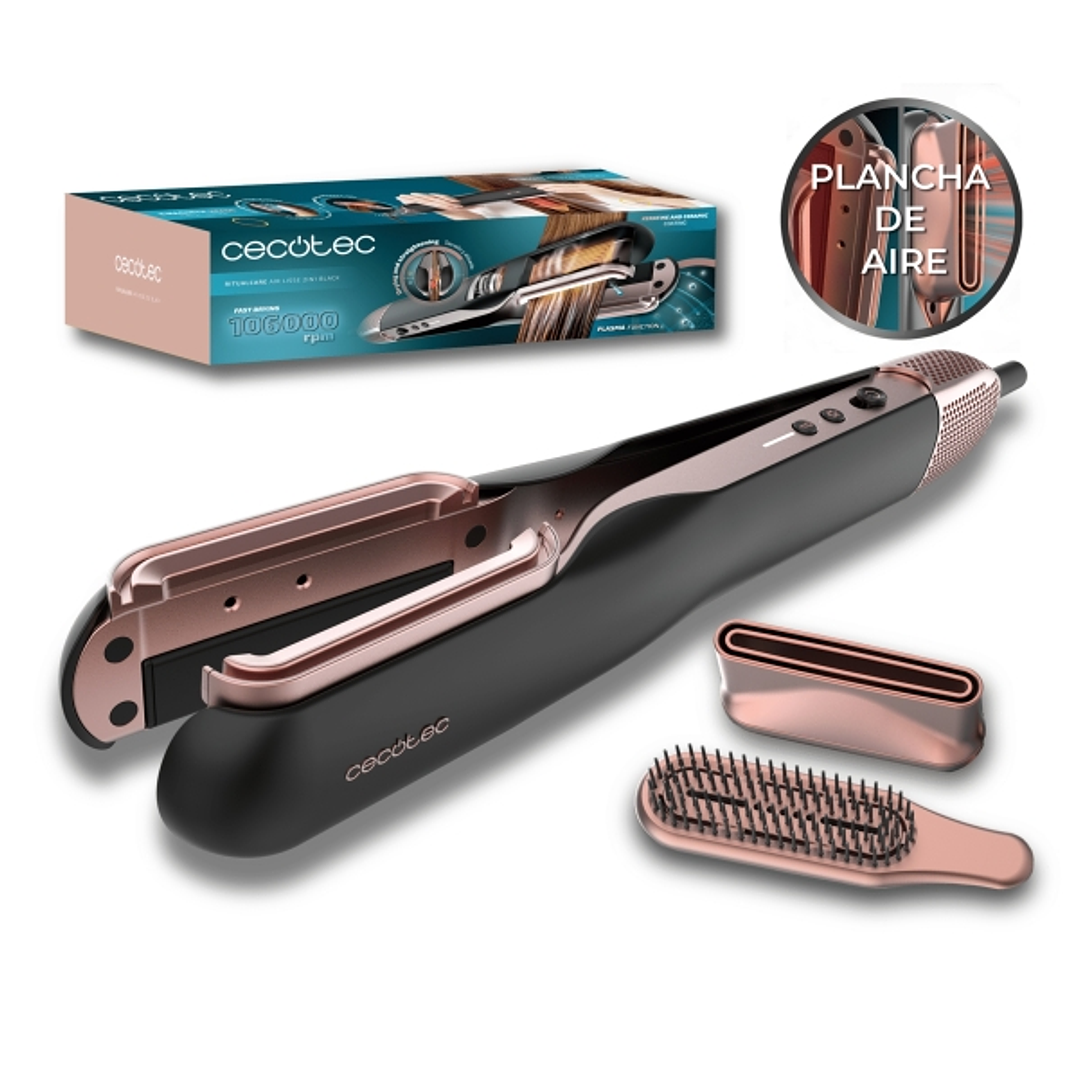 Cecotec RitualCare Air Lisse 2in1 Black Secador Plancha de Pelo con Aire - Concentrador - Cepillo - Velocidad 106000rpm - Revestimiento de Ceramica y  1