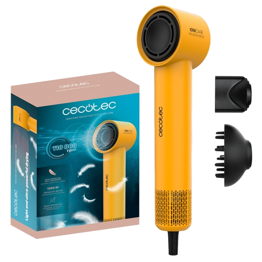 Cecotec IoniCare RockStar Style Yellow Secador de Pelo - Potencia 1500W - Velocidad 110000rpm - Silencioso - Temperatura Regulable - Motor sin Escobil 1
