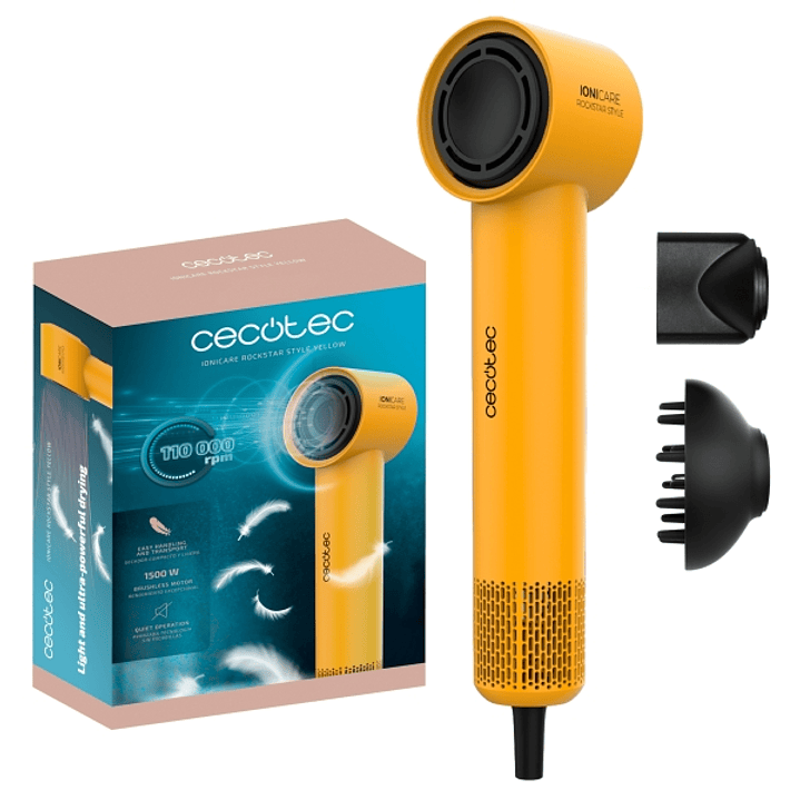 Cecotec IoniCare RockStar Style Yellow Secador de Pelo - Potencia 1500W - Velocidad 110000rpm - Silencioso - Temperatura Regulable - Motor sin Escobil 1
