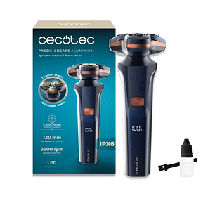 Cecotec PrecisionCare Aluminum Afeitadora Rotatoria - Autonomia hasta 2h - Cabezal Magnetico - Velocidad 8500rpm - Pantalla LED - Revestimiento de Tit