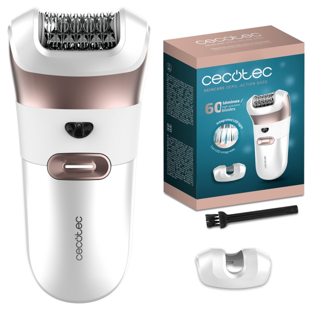 Cecotec SkinCare Depil-Action 6000 Depiladora de Arranque con 60 Pinzas - Autonomia hasta 60min - Accesorio para Zona Sensible - IPX5 - Luz LED - Ergo 1