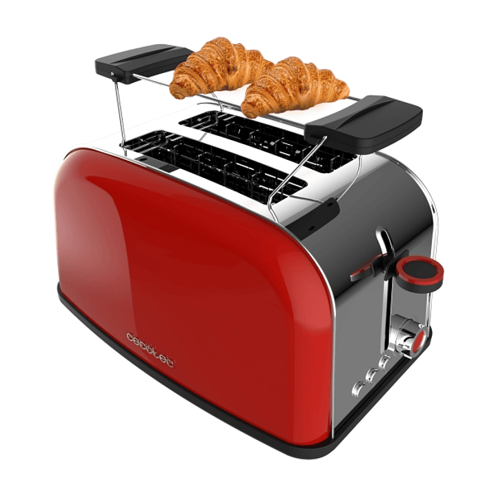 Cecotec Toastin' time 850 Red Tostadora Doble - Potencia 850W - Ranura Ancha - Acabados en Acero Inoxidable - Bandeja Recogemigas - Autocentrado - Cal 1