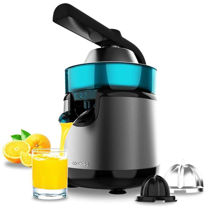 Cecotec EssentialVita Hyden 120 Hybrid Exprimidor Electrico de Brazo - Potencia 120W - Capacidad 250ml - Boquilla Antigoteo - Acero Inoxidable - Conos 1