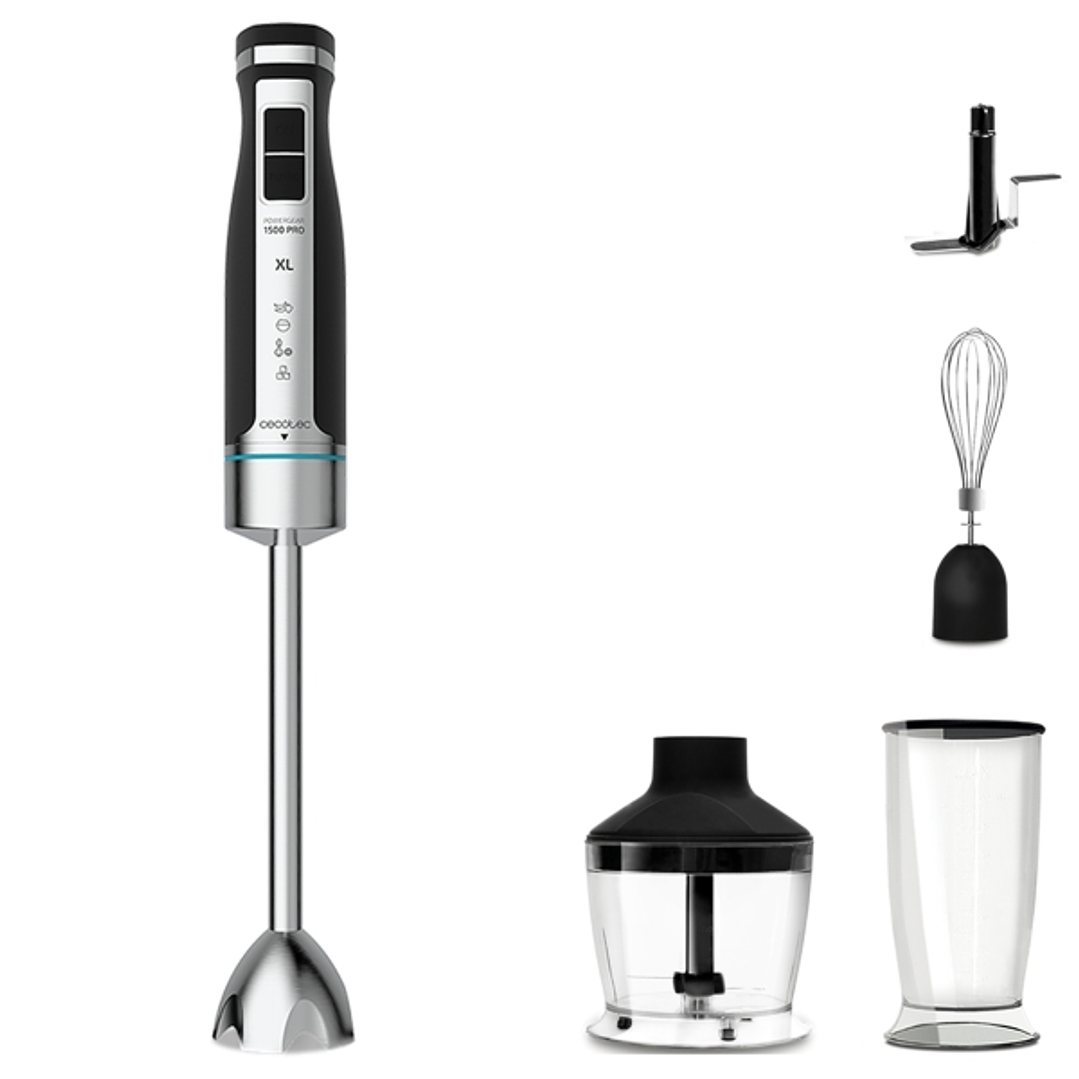 Cecotec PowerGear 1500 XL Pro Batidora de Mano - 1500W - Vaso de 0.8L - Picadora de 0.6L - Velocidad Ajustable - Incluye Accesorios - Cuchillas Recubi 1