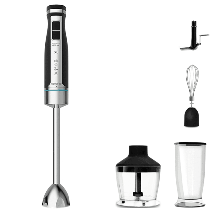 Cecotec PowerGear 1500 XL Pro Batidora de Mano - 1500W - Vaso de 0.8L - Picadora de 0.6L - Velocidad Ajustable - Incluye Accesorios - Cuchillas Recubi 1