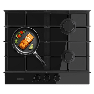 Cecotec Bolero Squad G 3400F Glass Black Cocina de Gas Encastrable - 3 Quemadores - Acabado en Cristal Negro - 6.2kW - Parrillas de Hierro Fundido - W