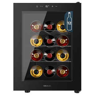 Cecotec Bolero GrandSommelier 1255 CoolCrystal Vinoteca para 12 Botellas - Silencioso 35dB - Luz LED - Pantalla LED - Temperatura Regulable - Control 