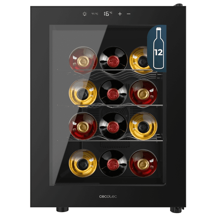 Cecotec Bolero GrandSommelier 1255 CoolCrystal Vinoteca para 12 Botellas - Silencioso 35dB - Luz LED - Pantalla LED - Temperatura Regulable - Control  1