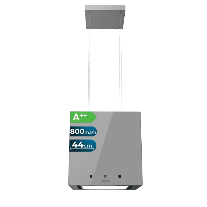 Cecotec Bolero Flux CCT 448000 Glass Grey A++ Campana Extractora Colgante de 44cm - 210W - Succion 800m3/h - Luz LED - Pantalla LED - Incluye Accesori 1