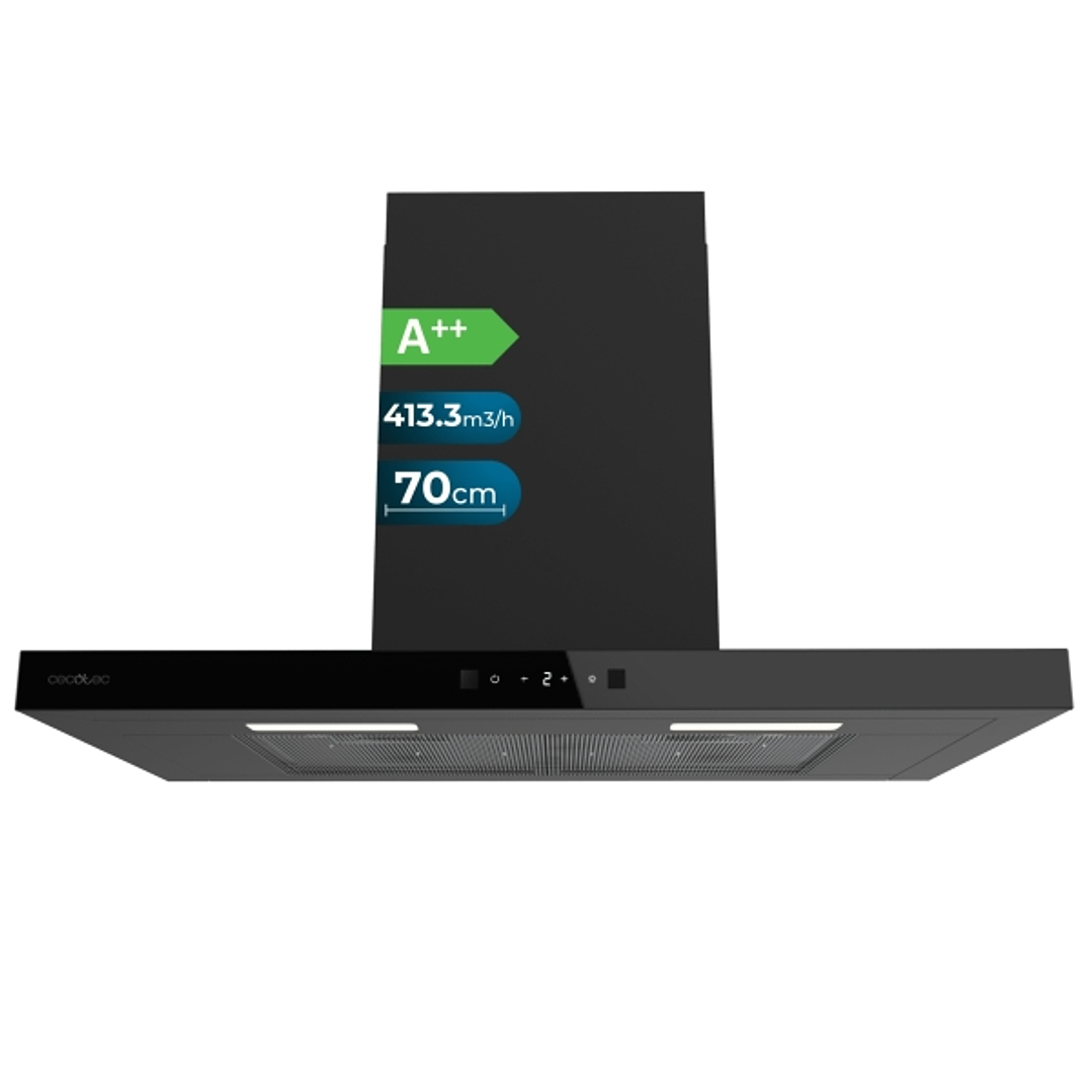 Cecotec Bolero Flux TT 704400 Black A++ Campana Extractora de 70cm - Succion 413.3m3/h - Luz LED - Pantalla LED - Filtros Aptos para Lavavajillas - Fi 1