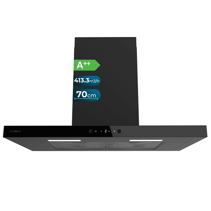 Cecotec Bolero Flux TT 704400 Black A++ Campana Extractora de 70cm - Succion 413.3m3/h - Luz LED - Pantalla LED - Filtros Aptos para Lavavajillas - Fi 1